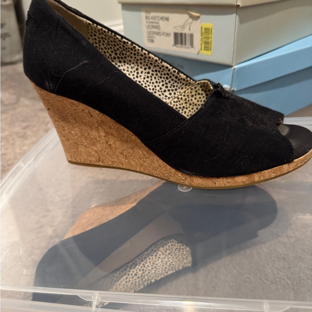 Toms Black and Tan Wedge Peep-Toe Shoes